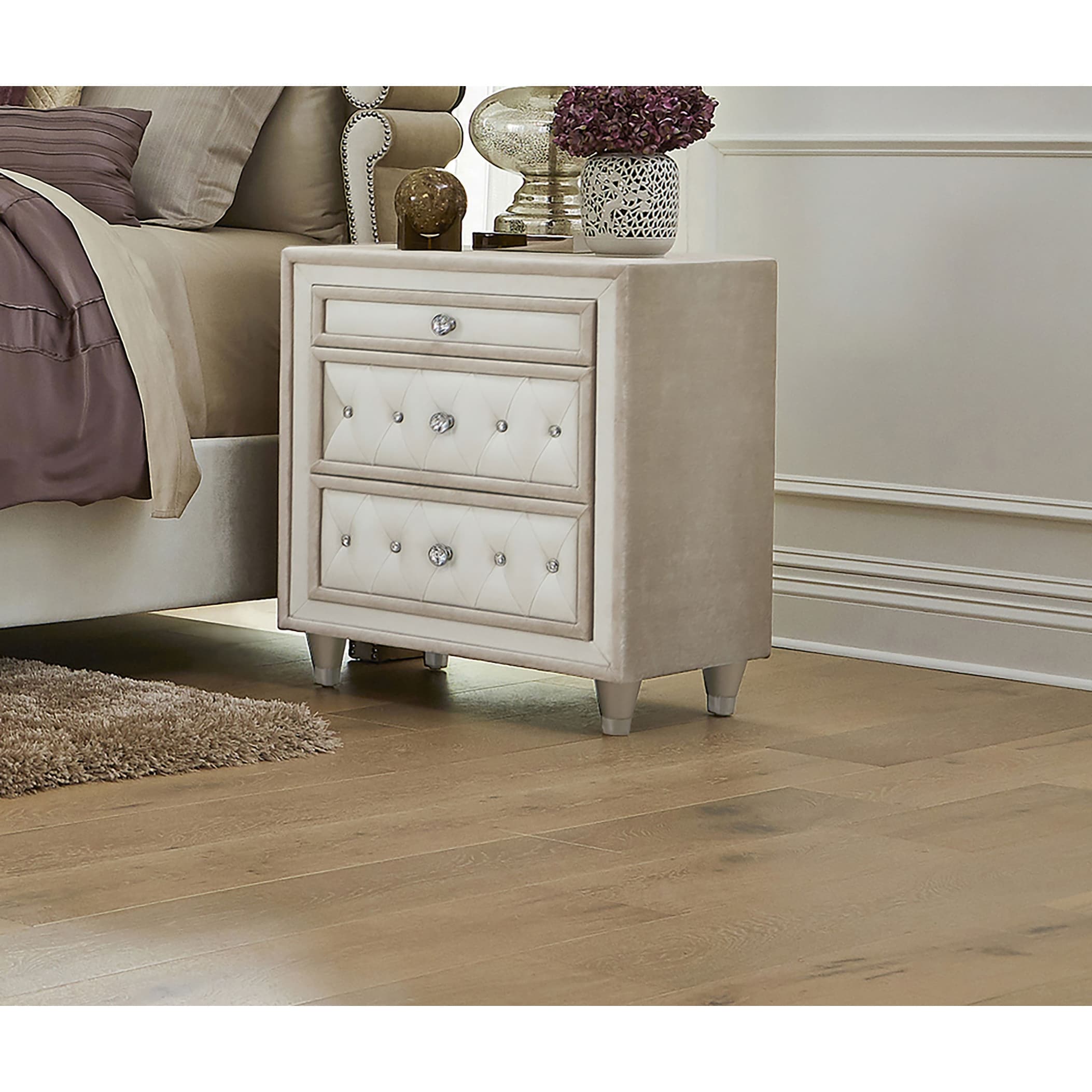 Antonella Upholstered 3-drawer Nightstand Ivory and Camel