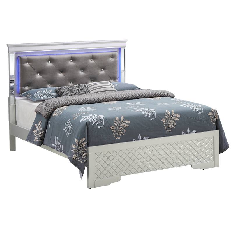Jewel Tufted Queen Panel Bed with LED Lights - 85" - Silver Champagne and Black
