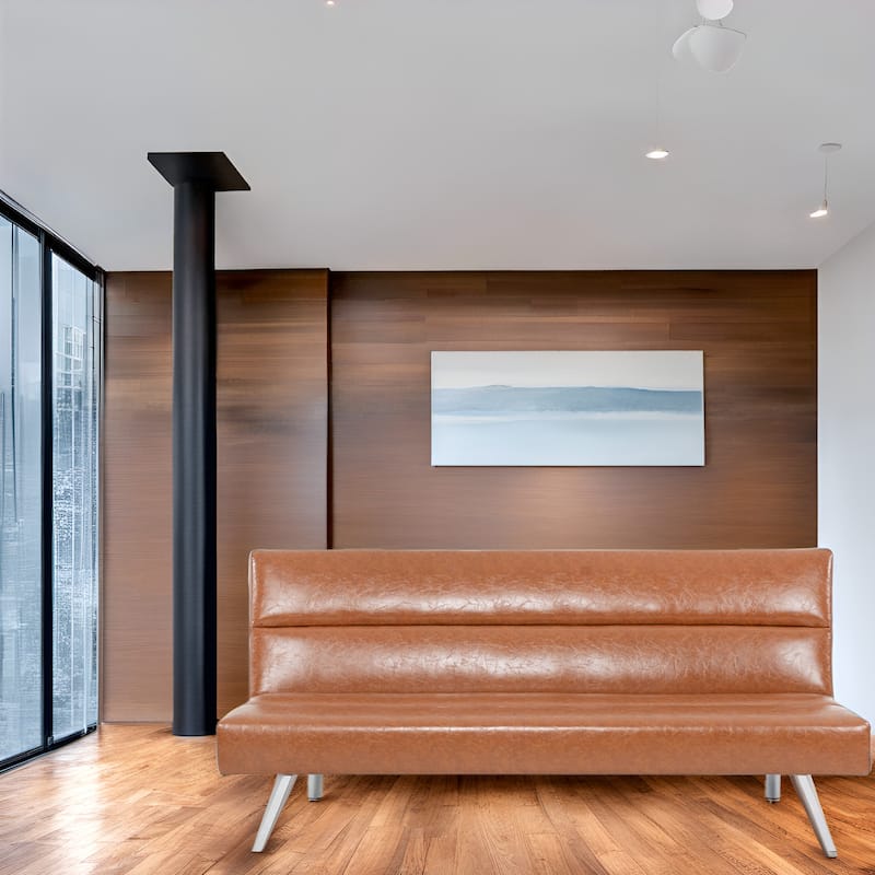 Modern Faux Leather Futon Sofa Bed - Convertible Folding Couch with Chrome Legs, Small Reclining Sofa