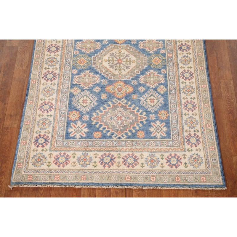 Blue Geometric Kazak Oriental Area Rug Hand-Knotted Wool Carpet - 4'0"x 5'9"