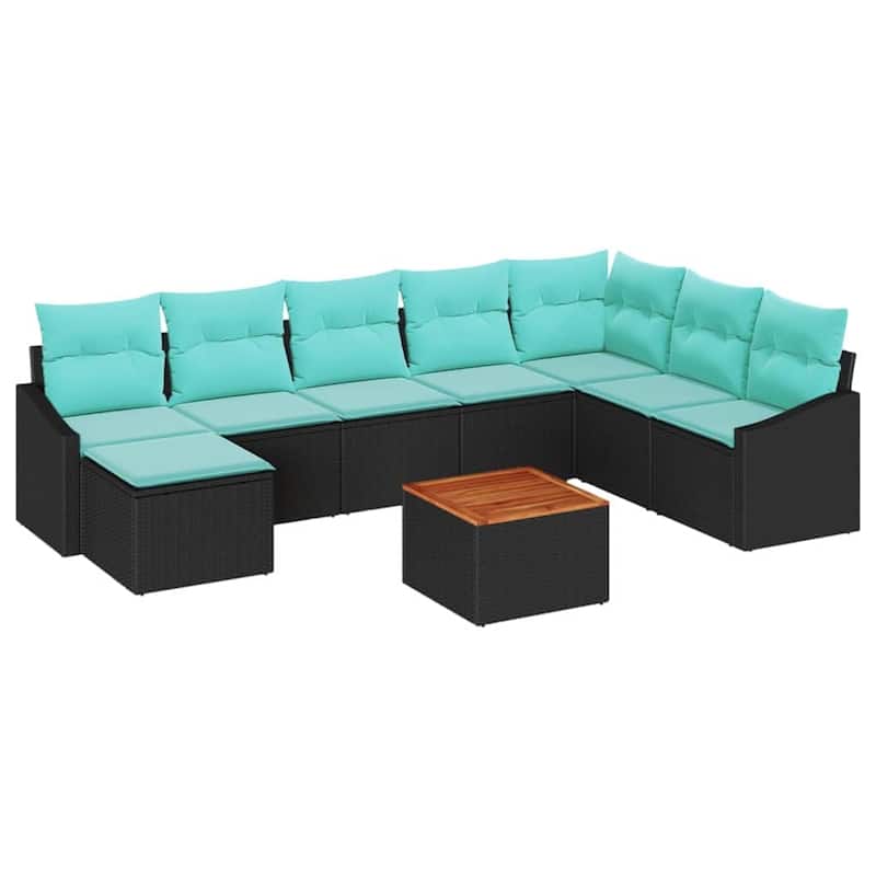 vidaXL 9 Garden Sofa Set with Cushions Black/Grey Poly Rattan - 113.8 x 70.3 x 27.2