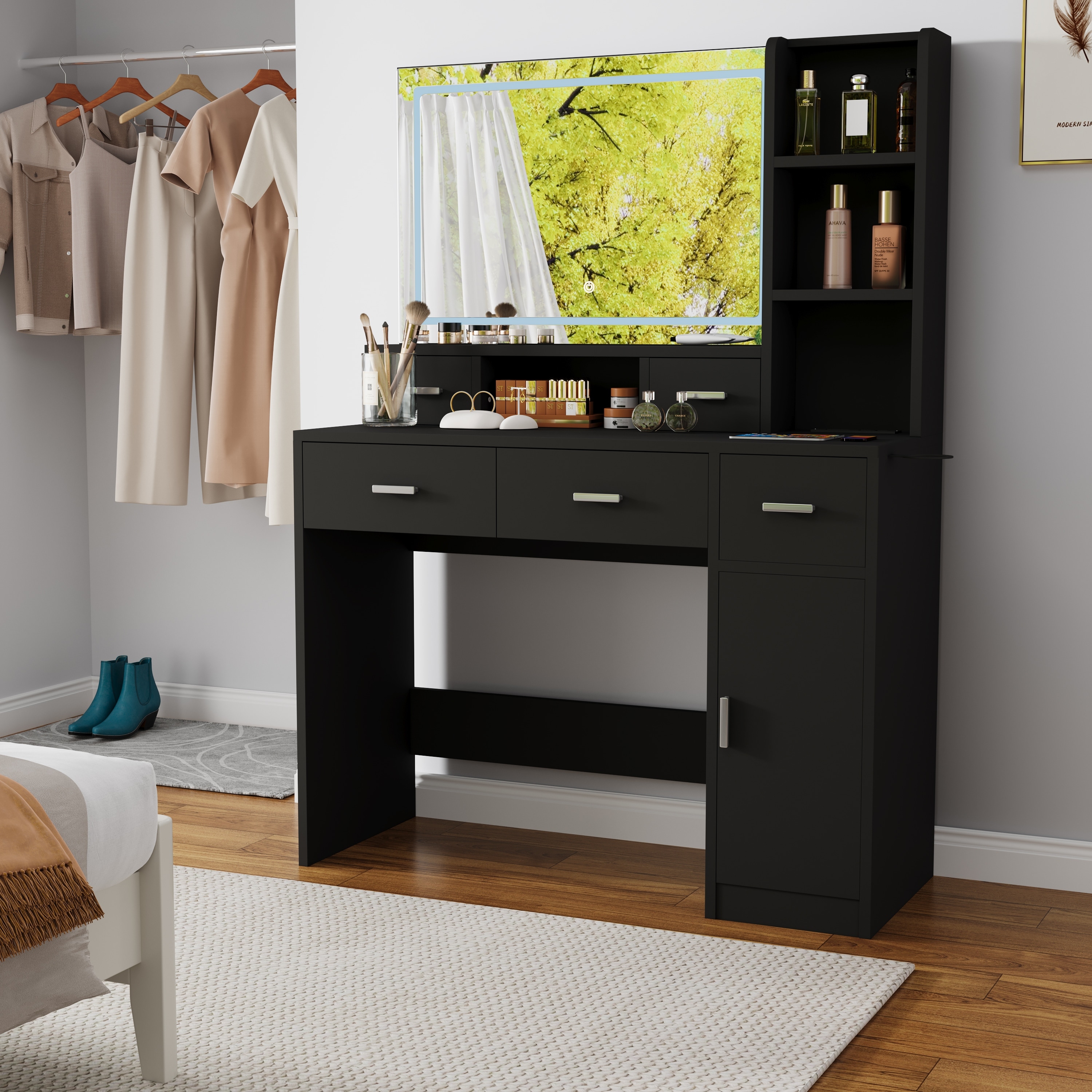 Smart Mirror Dressing Table with Drawers Storage Cabinet and Dressing Pad for Bedroom Dressing Room Black