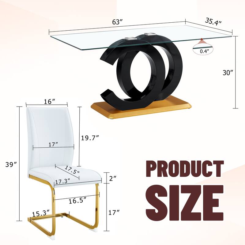 Luxury 7-Piece Dining Table Set 63-Inch Rectangular Glass Table with 6 Faux Leather Chairs Modern Kitchen Dining Table Set for 6