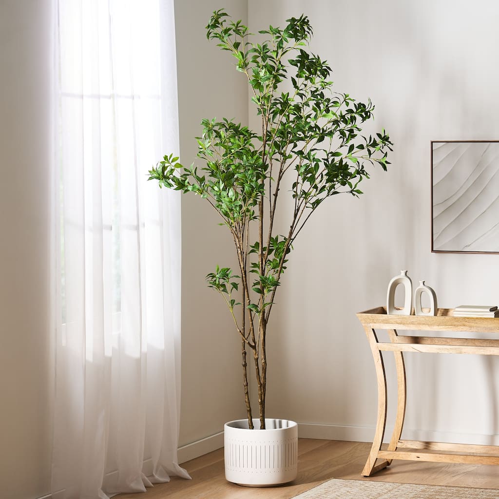 Roomfitters 240CM Artificial Pieris Tree, Large 8 Feet Tall Fake Potted Plant with White Flowers for Office Corner Decor, Green