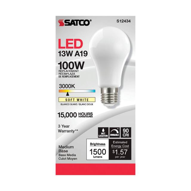 13.5 Watt LED A19 Soft White Medium Base 3000K 90 CRI 120 Volt - N/A