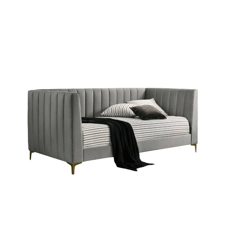 Contemporary Light Gray Tuxedo Daybed with Gold Metal Legs & Channel Tufting