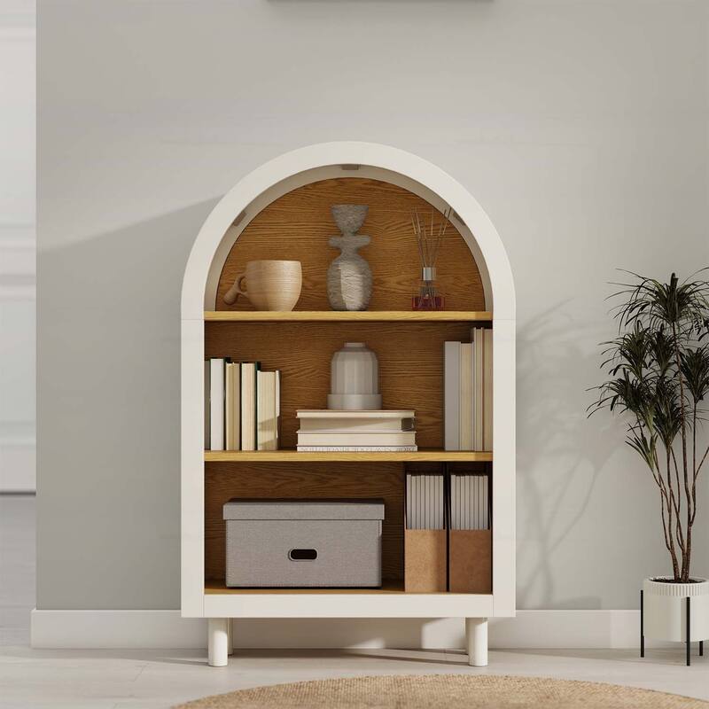 Wooden Modern Arched Top Bookshelf with 3 Shelves