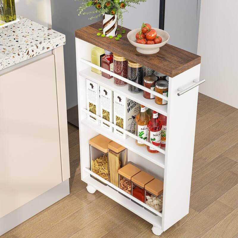 20" 4-Tier Narrow Rolling Kitchen Utility Cart Brown and White