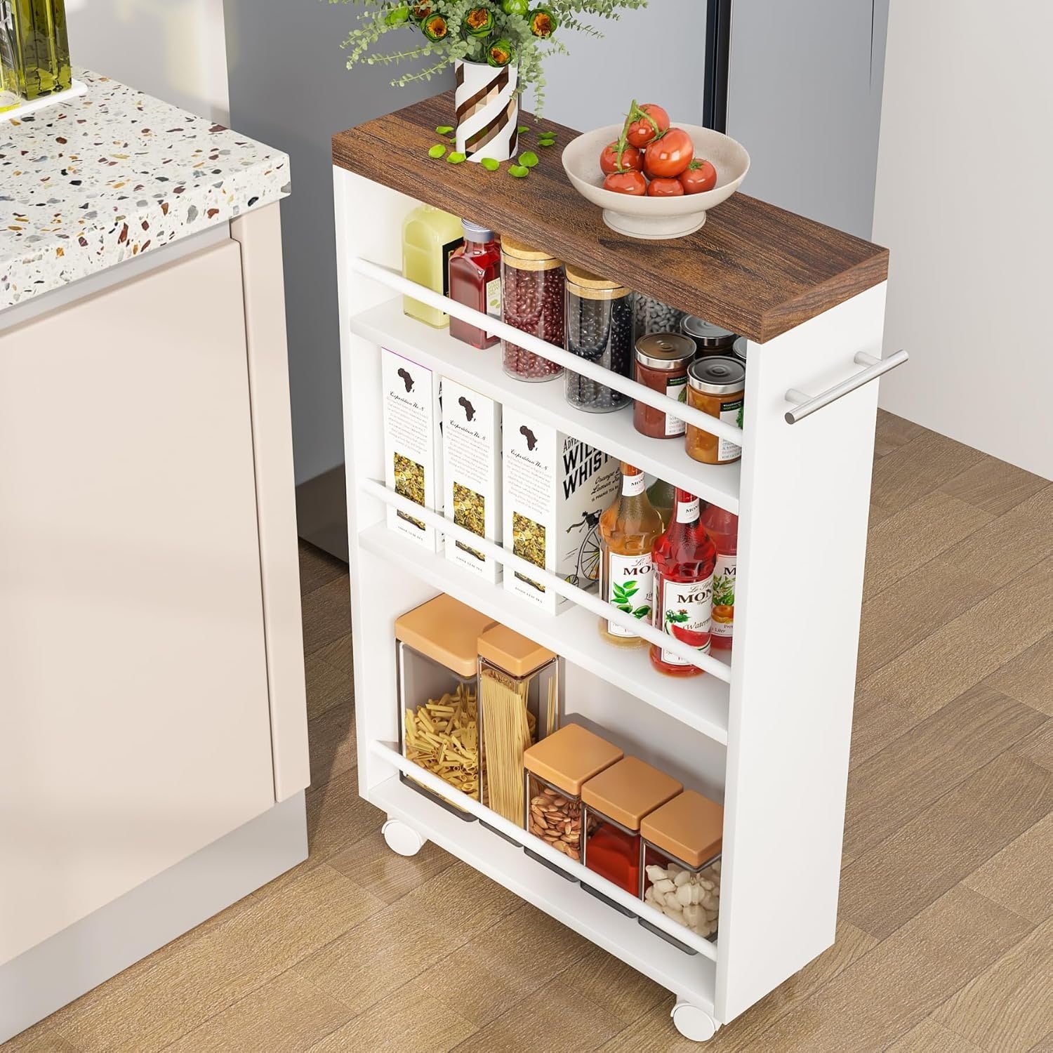 20" 4-Tier Narrow Rolling Kitchen Utility Cart Brown and White