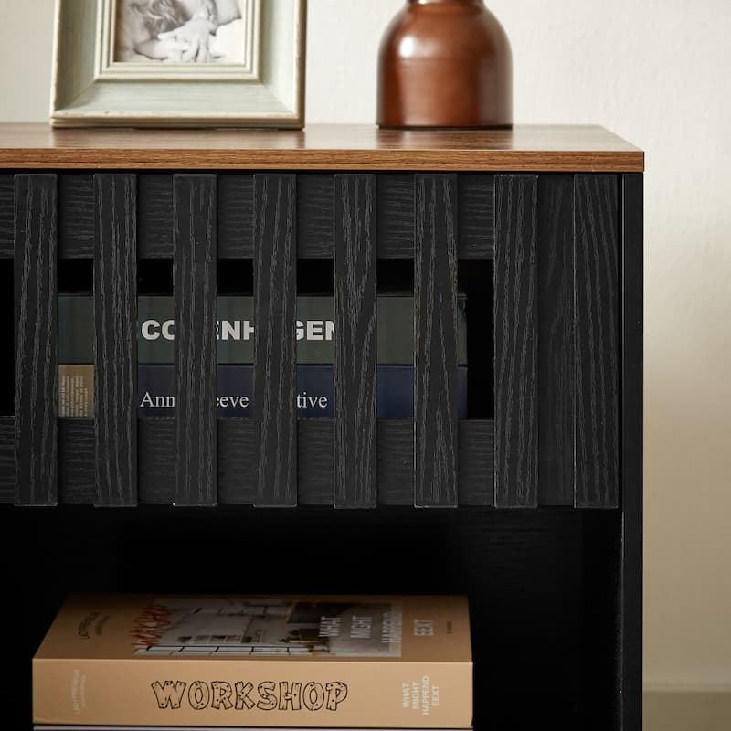Modern Wooden Nightstand Set of 2，Storage Cabinet with Slatted Drawer Decoration and Shelves, End Tables Bedroom with Metal Legs