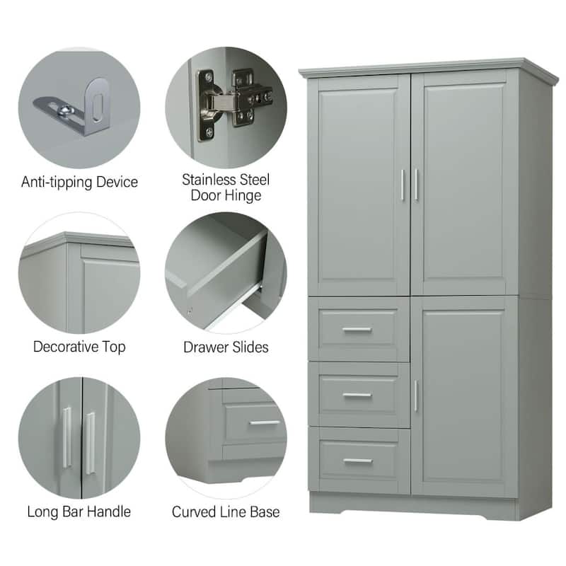 Tall and Wide Storage Cabinet with Doors for Bathroom/Office Three Drawers Grey/White/Black
