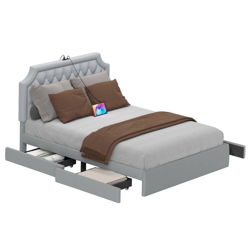Moasis Velvet/Linen Upholstered Bedframe with Adjustable Headboard and 4 Storage Drawers - Velvet Grey - Queen