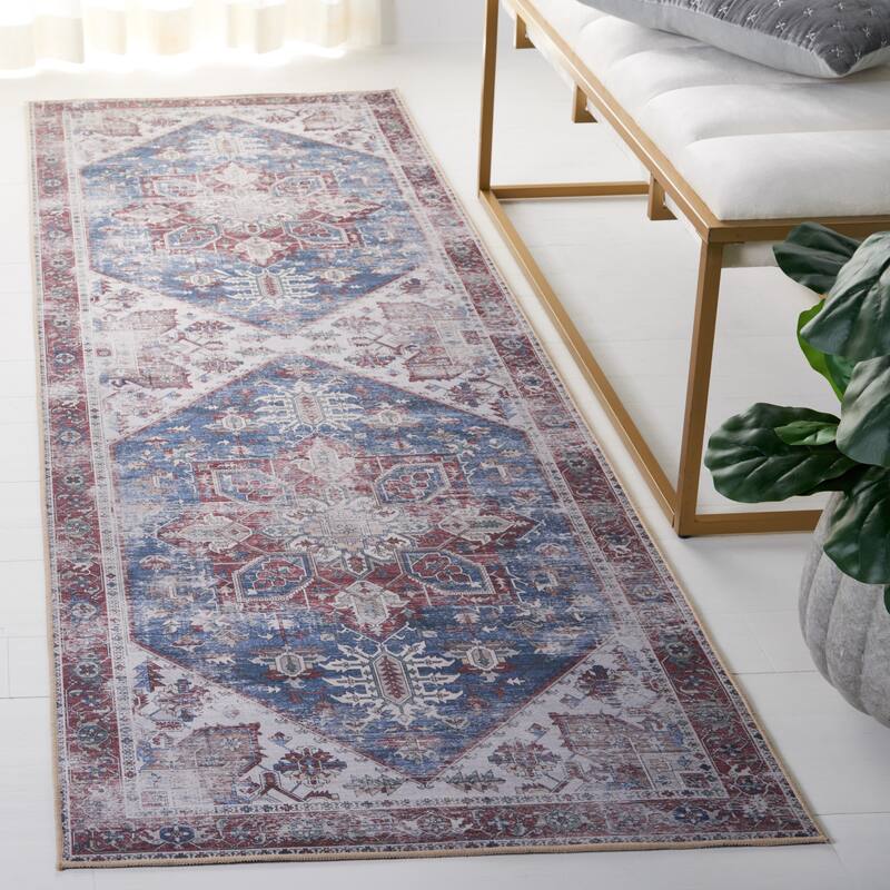 SAFAVIEH, Tucson Machine Washable Slip Resistant Therese Oriental Medallion - 2' 6" x 6' - Navy/Red