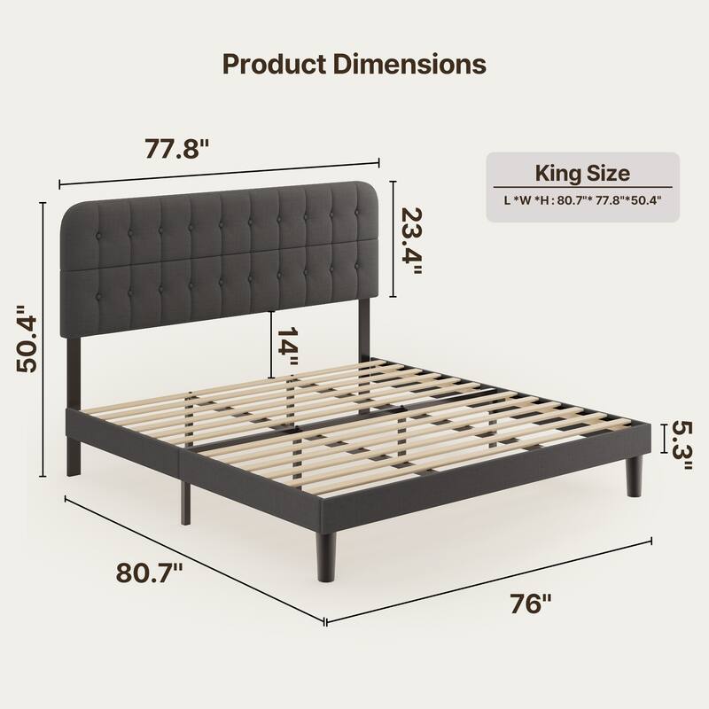 Full / Queen / King Bed Frame with Headboard, Upholstered Platform Bed with Sturdy Wooden Slats