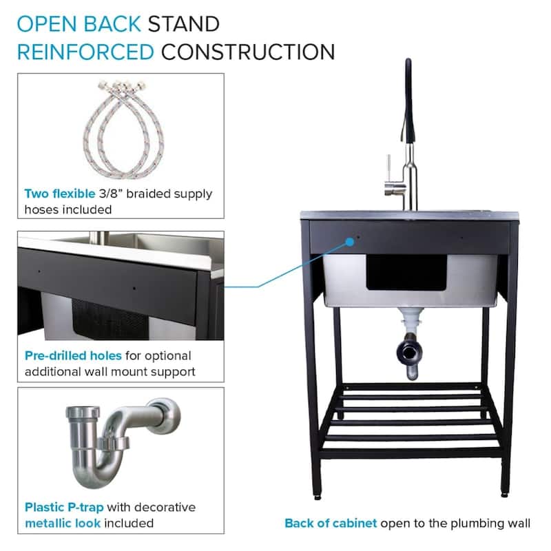 Transolid TFH-2522 25-in. Stainless Steel Laundry Sink with Wash Stand