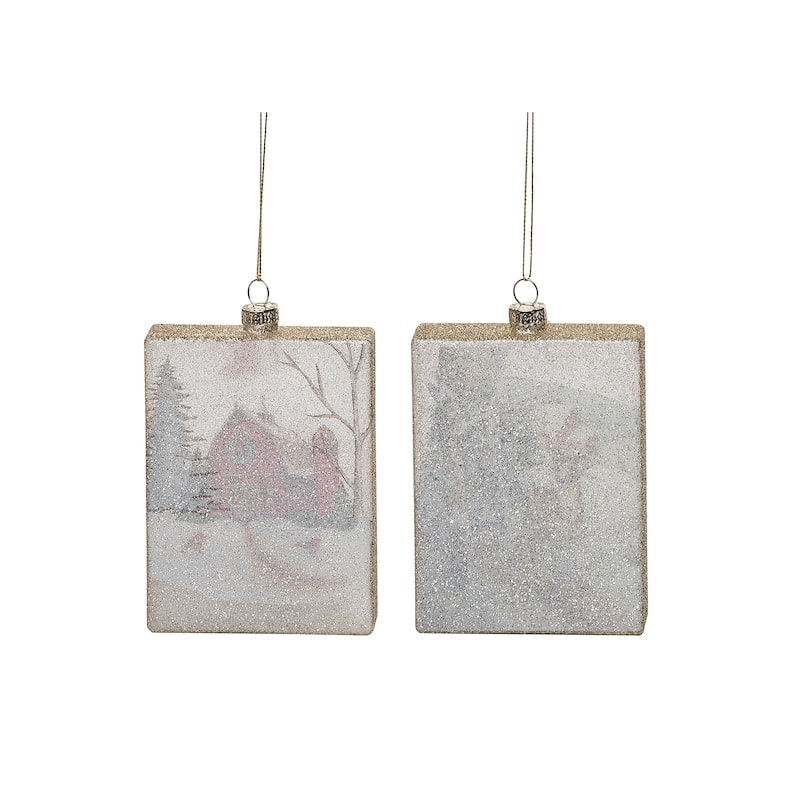 Transpac Glass Painted Barn Scene Ornament Set of 2 Christmas Home Decorations