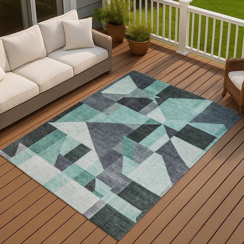 Machine Washable Indoor/ Outdoor Modern Geo Chantille Rug - Teal - 3' x 5'