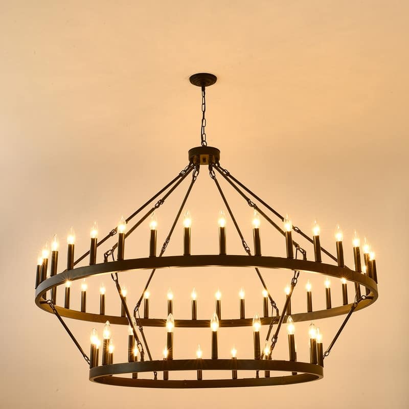60-Inch Black Extra Large Wagon Wheel Chandelier, 2 Tier 54-Light Farmhouse Round High Ceiling Pendant Light - 60