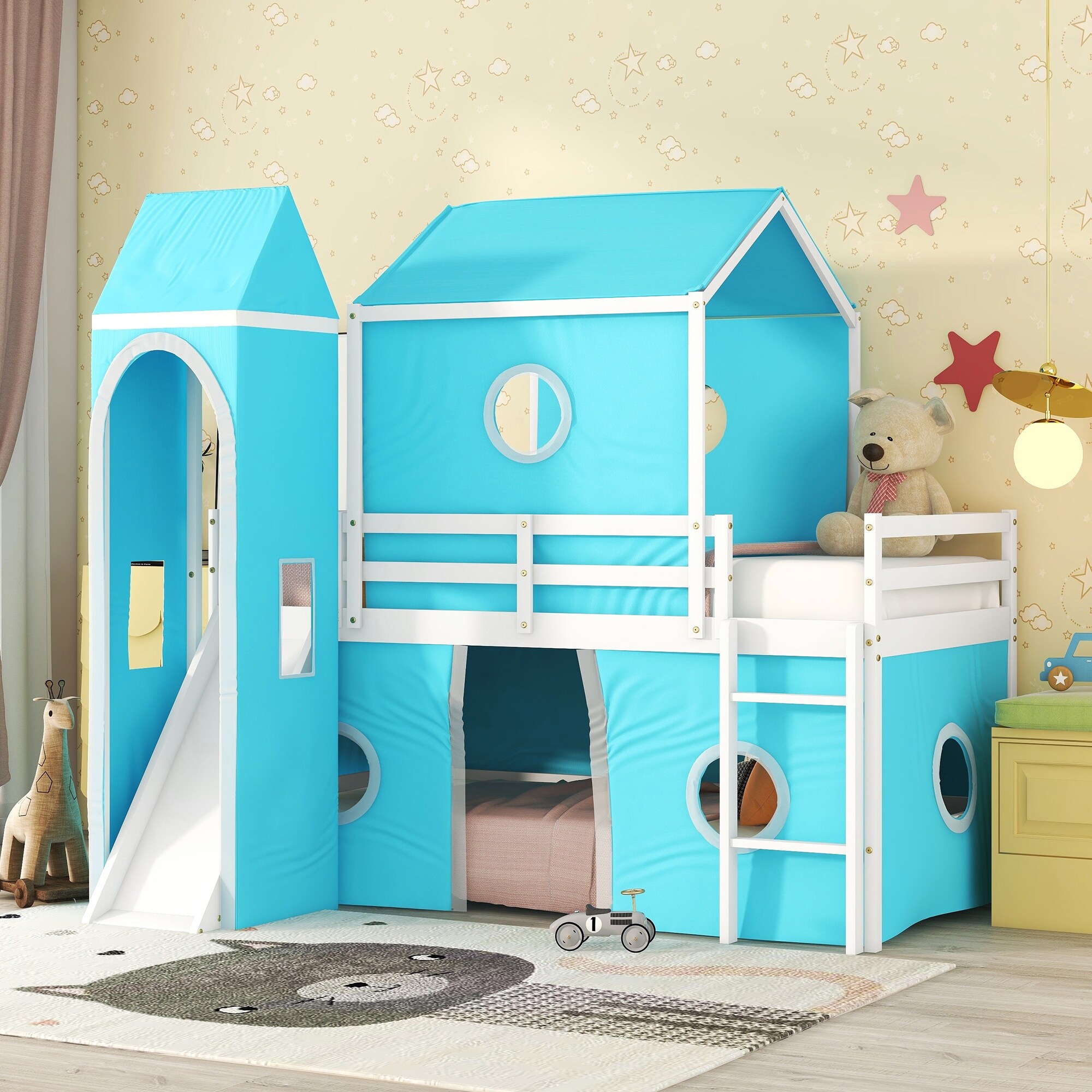 Twin Size Castle Shaped Bunk Bed with Slide Pink Tent Tower Wooden