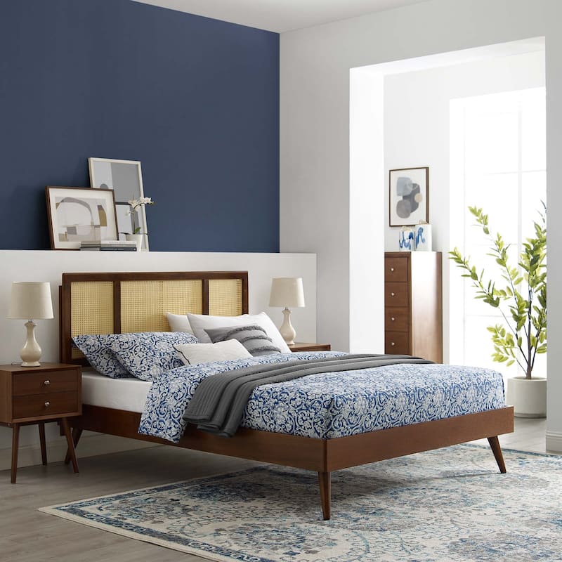 Kelsea Cane and Wood King Platform Bed With Splayed Legs - On Sale ...