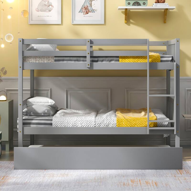Twin/Full Size Bunk Bed with Trundle, Convertible to 2 Platform Bed