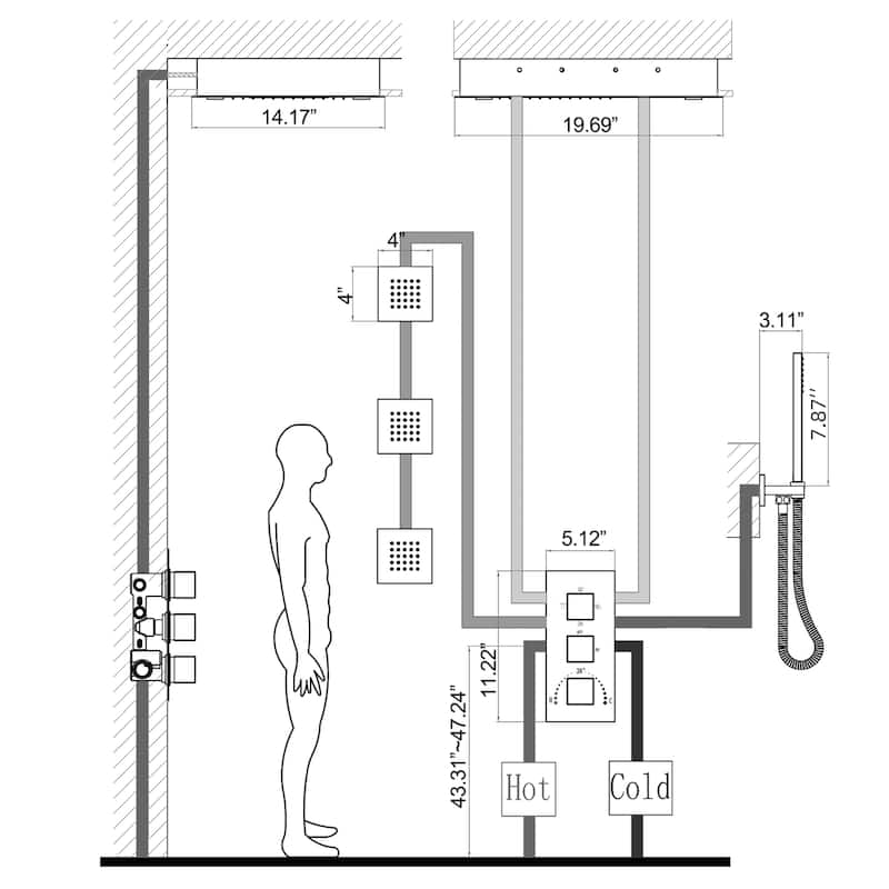 LED 4-Way Complete Rain and Waterfall Shower System with 3 body Jets & High-pressure Handheld, Ceiling Mounted