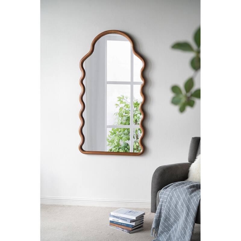 Arch Wall Mirror 55 Inches Height Solid Pine Wood Frame Unique Design - Brown - Brown