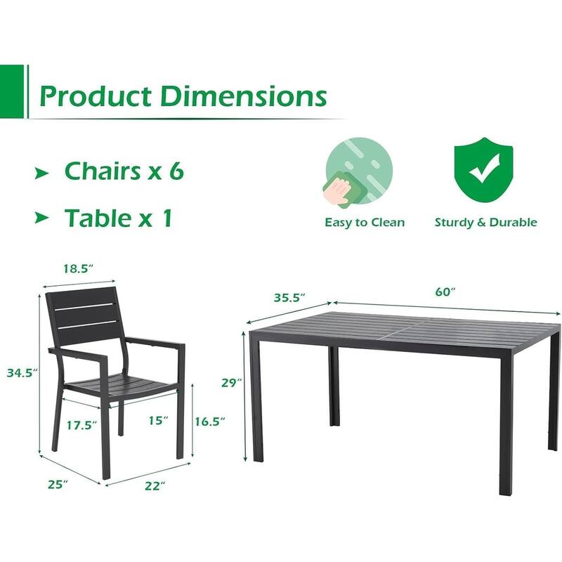 AECOJOY 7 Piece Outdoor Dining Set, 60" x 36" Aluminum Patio Table and Chairs Set for 6 with Rectangular Table