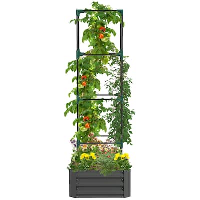 Galvanized Raised Garden Bed, 24" x 24" x 11.75" Outdoor Planter Box with Trellis Tomato Cage and Open Bottom for Climbing Vines