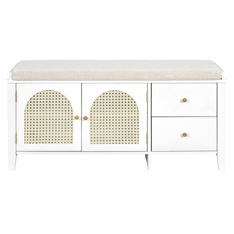 Wood Frame Bench with Shoe Storage, Shoe Bench with Rattan Arched Door and 2 Drawers Entryway Fabric Upholstered Bench