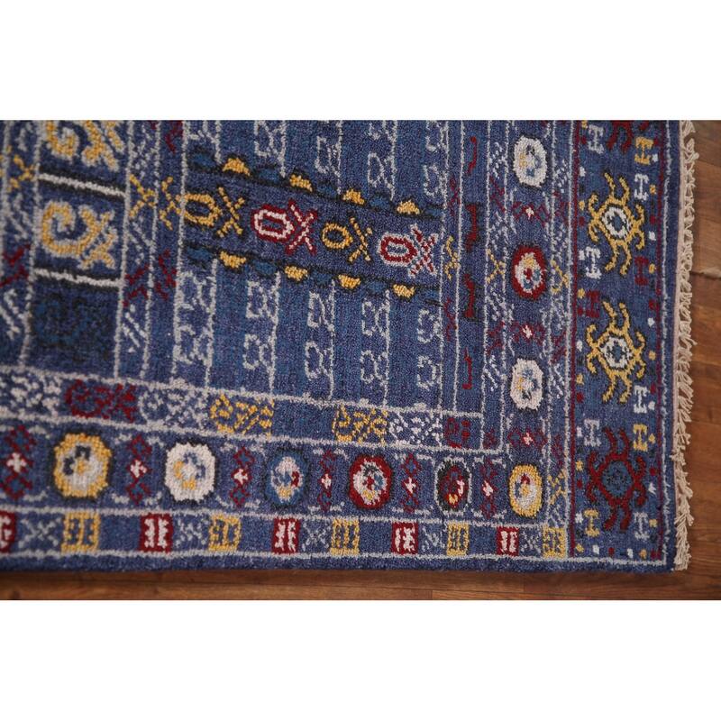 Blue Geometric Kazak Indian Runner Rug Handmade Wool Carpet - 2'7"x 8'0"