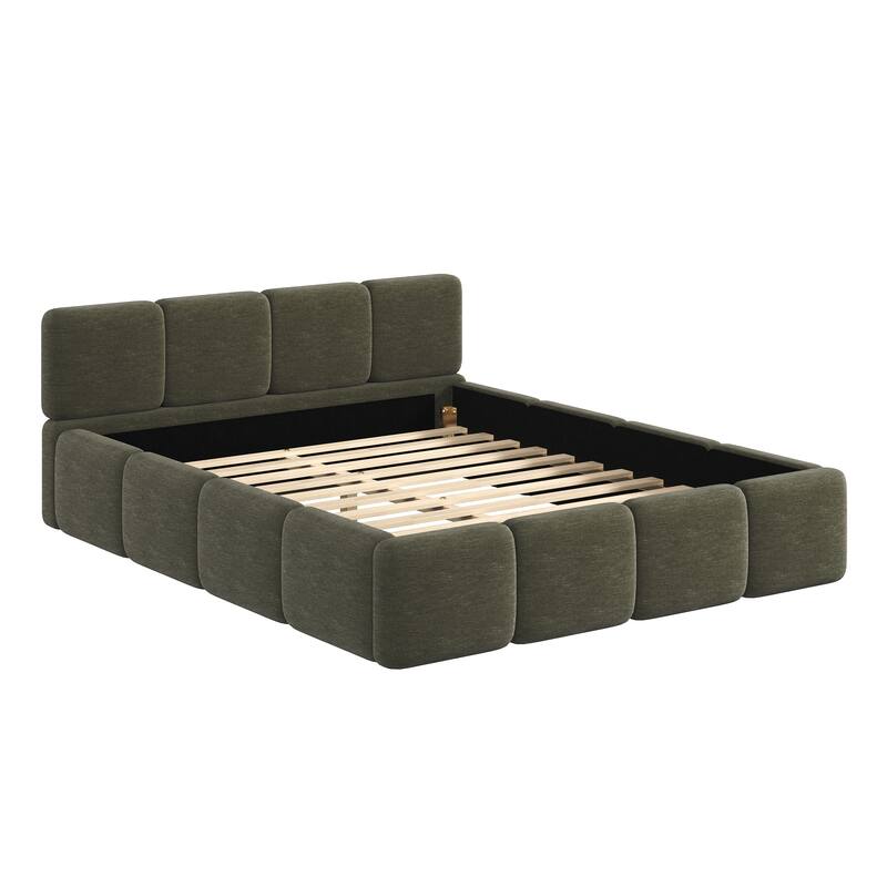 Modern Upholstered Bed Frame Block Style Grounded Bed with Thick Headboard, Lowprofile Wingback Bed Floor Bed Platform Bed Frame