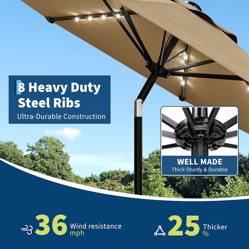9 ft Patio Umbrella, 8 Sturdy Ribs, with Lights
