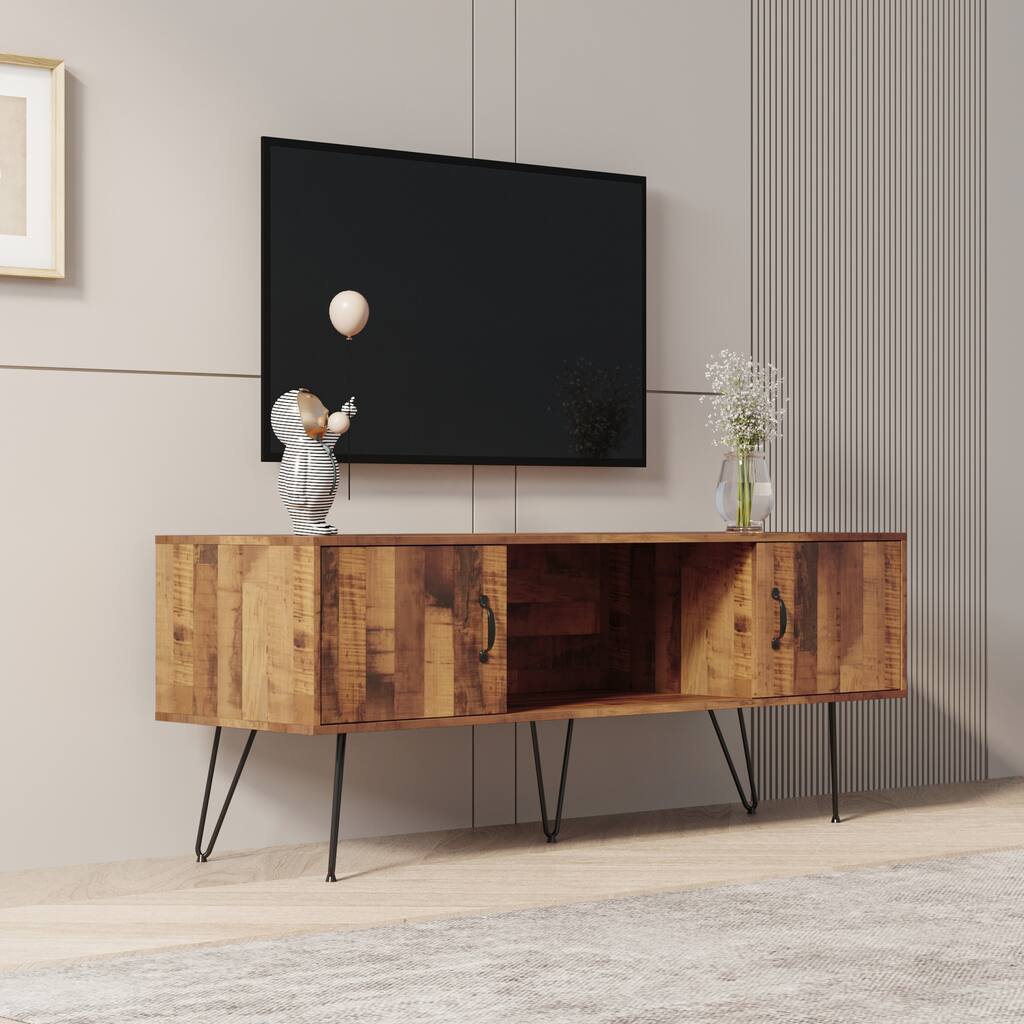 Modern Industrial TV Stand with 1 Storage Shelf and 2 Cabinets,Metal Frame