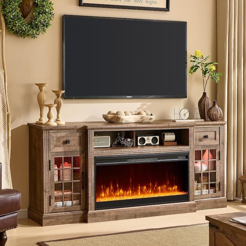 Farmhouse Fireplace TV Stand for 80 Inch TV, Entertainment Center - Light Brown