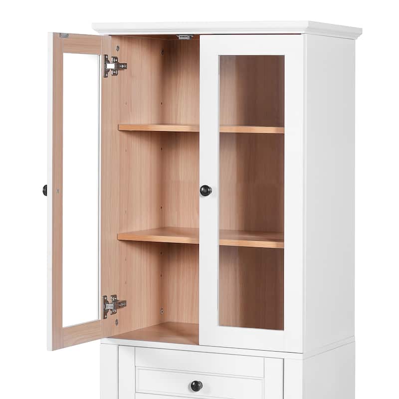 GDFStudio - Mary 63" Tall Bathroom Storage Cabinet with Glass Doors, Two Drawers, and Adjustable Shelves