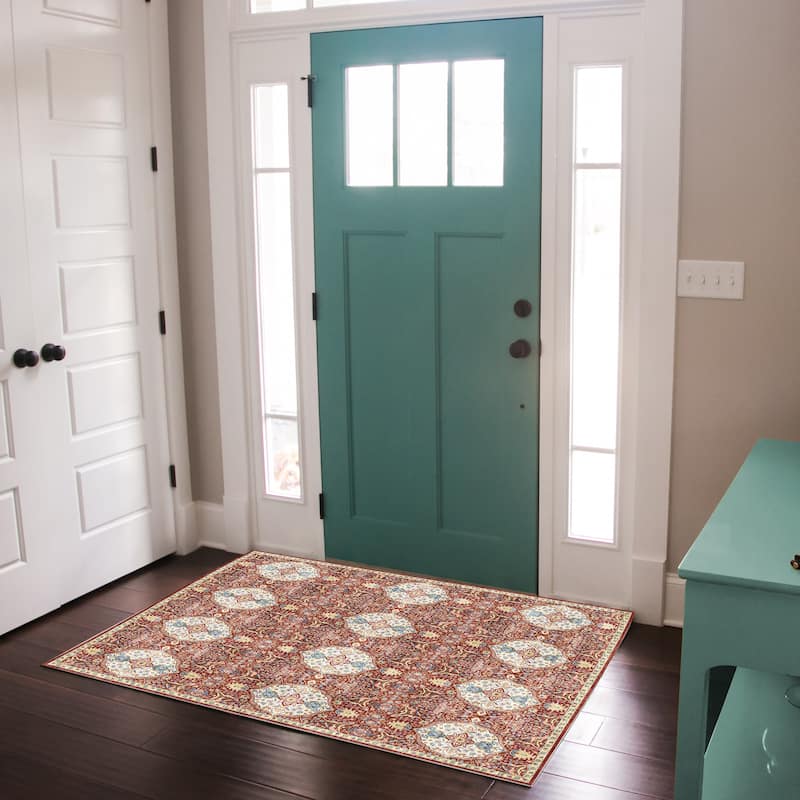 Gertmenian Crystal Print Soft Flat Pile Polyester Slip Resistant Washable Indoor Printed Area Rug Collection - 3' 6" x 4' 6" - Kiran Red - Rectangle