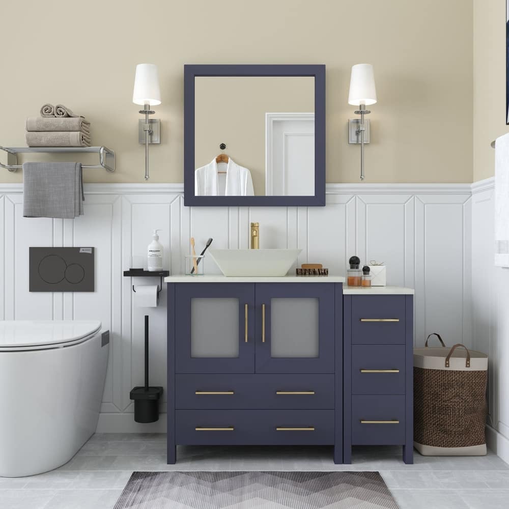 Vanity Art 42" Single Sink Bathroom Vanity Set with Engineered Marble Top and Free Mirror - 42 x 18.5 x 36 Inches