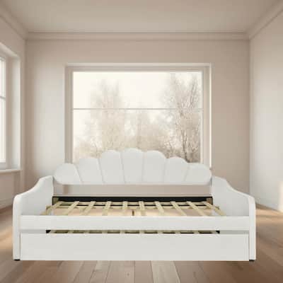 Elegant Full Size Upholstered Platform Daybed with Shell Shaped Backrest and Trundle for Multi-purpose Use, Bedroom Furniture