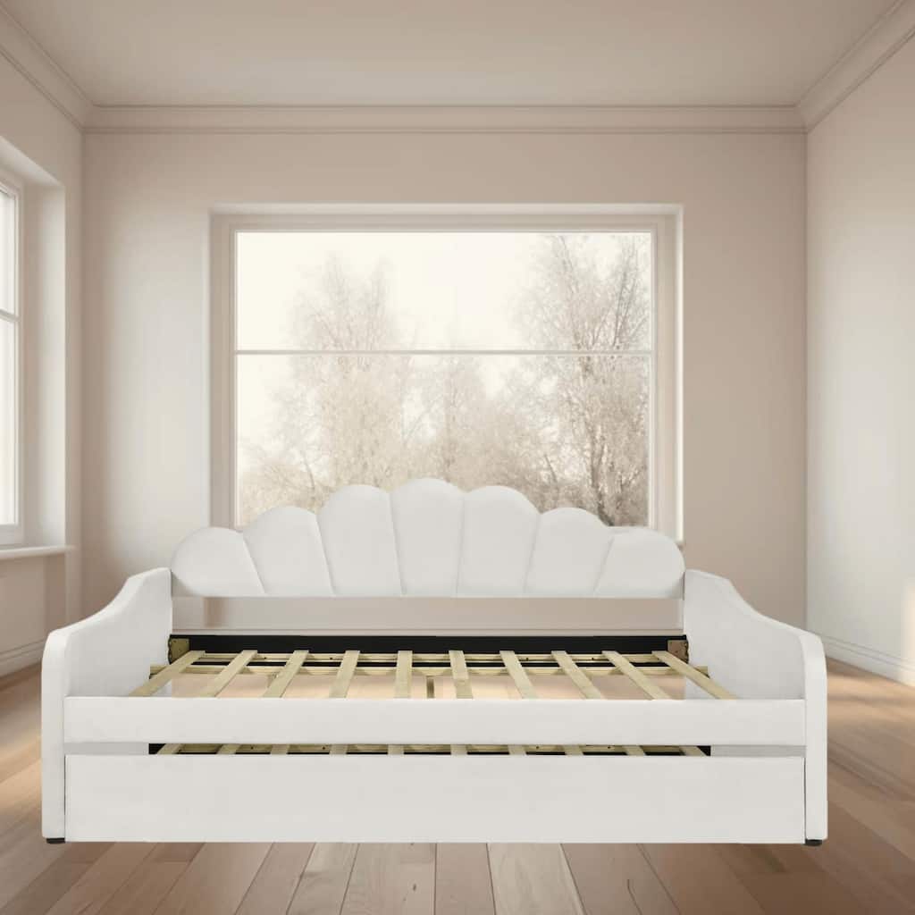 Elegant Full Size Upholstered Platform Daybed with Shell Shaped Backrest and Trundle for Multi-purpose Use, Bedroom Furniture