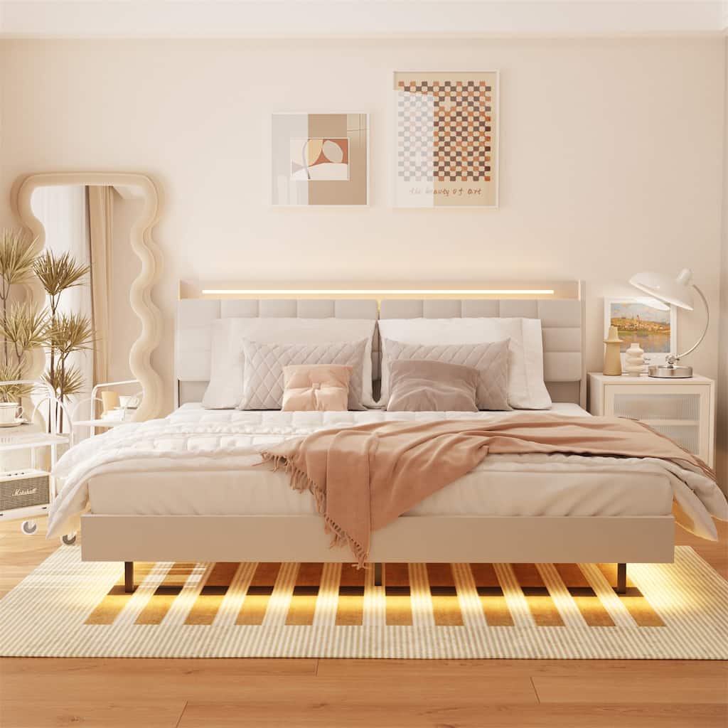 King Size Floating Bed Frame with LED Light and Charging Station