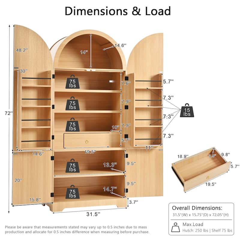 72" Arched Pantry Cabinet with 8 Shelves, Hidden Drawer for Kitchen, Dining & Bathroom