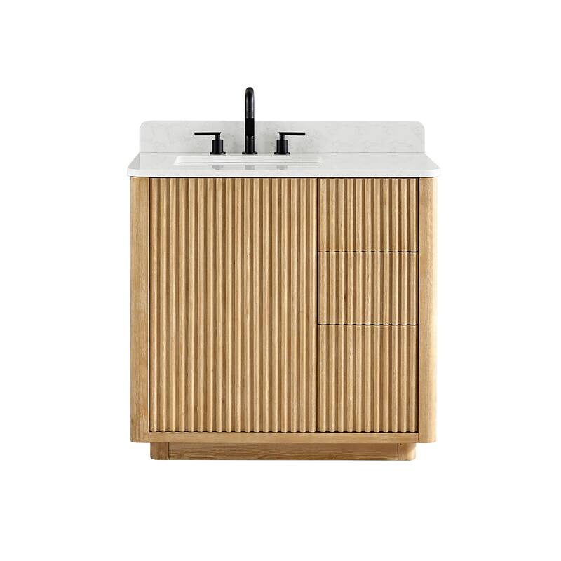 Clayton Bathroom Vanity in Washed Light Brown with Grain White Engineered Stone Countertop without Mirror