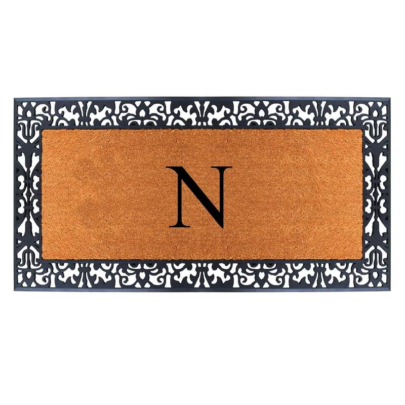 A1HC Rubber and Coir Paisley Border Heavy Duty Non-Slip Durable Double Door Monogrammed Doormat 30"X60", Black - N