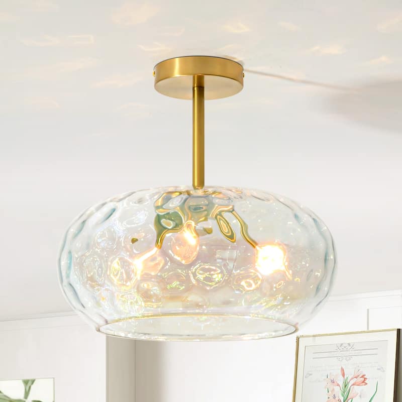 14.2" W 3-Light Modern Gold Dome Semi-Flush Mount Ceiling Light with Water Glass Shade for Foyer, Bedroom