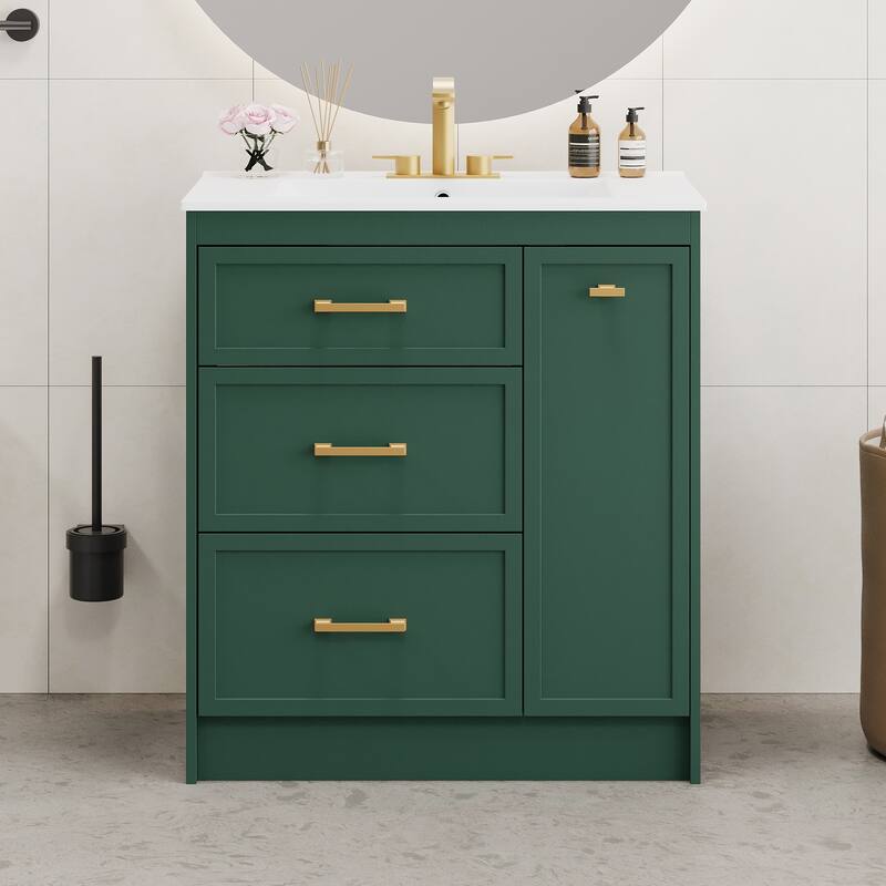 30" Forest Green Bathroom Vanity Set,Floor Standing,With Three Drawers,With Long Gold Handles-Perfect For Small Bathrooms
