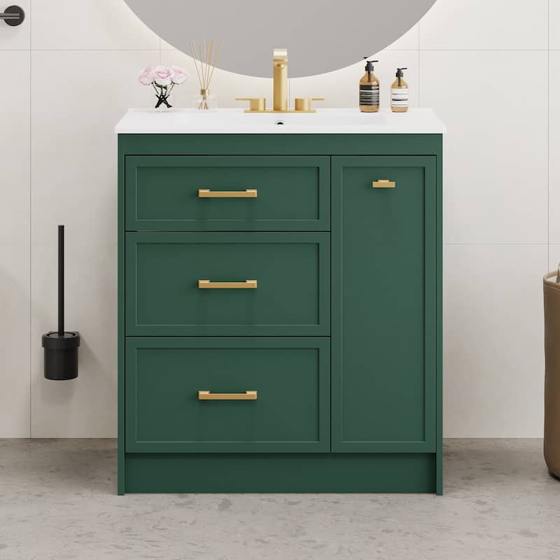 Classic Floor Storage Cabinet Freestanding Vanity for Bathroom with Side Double Layer Drawer, 2 Drawers and Gold Handles - Frosty Green