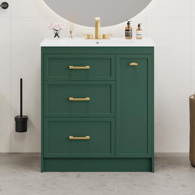 Classic Floor Storage Cabinet Freestanding Vanity for Bathroom with Side Double Layer Drawer, 2 Drawers and Gold Handles