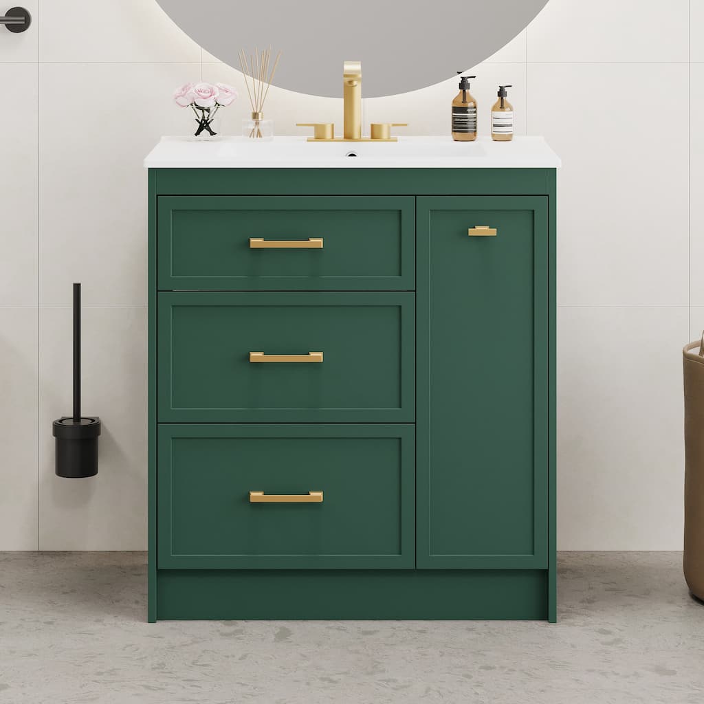 Roomfitters 30-Inch Classic Bathroom Vanity Set, Floor Standing with Three Drawers, Double-Layer Drawer, Frosty Green