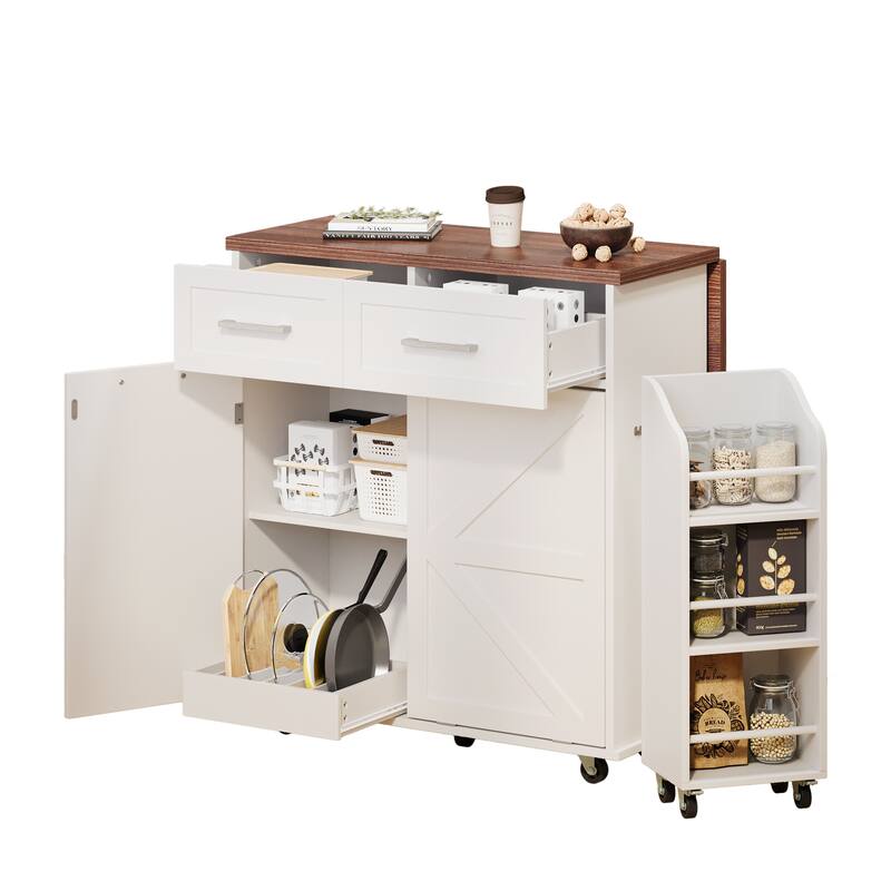 47.2"Farmhouse Kitchen Island with Drop Leaf, Removable Side Racks,Two Drawers,Rolling Kitchen Cart on Wheels with Towel Rack